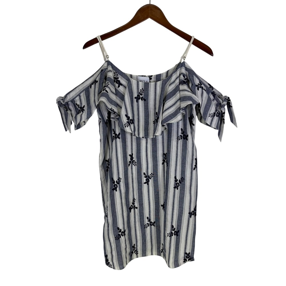 MISA Los Angeles Embroidered Cold Shoulder Dress Large Blue White Boho Beach